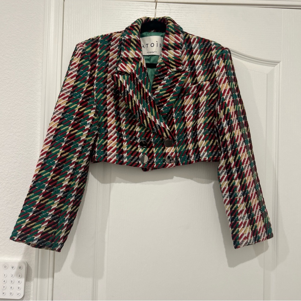 Atoir Tweed Crew Crop Blazer Checker Button Green Black 2 Sm Maje Sandro Style View 3
